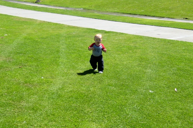 a toddler walks in the grass near two people