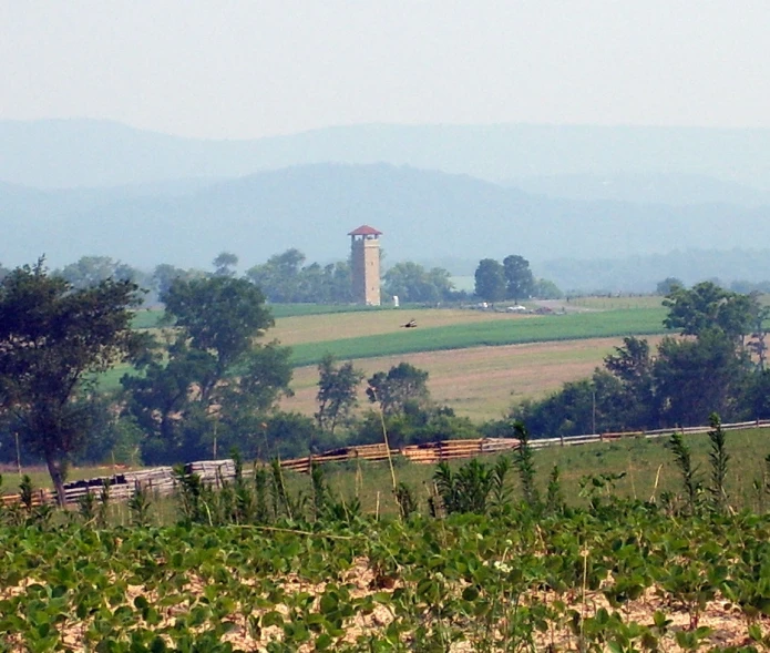 an image of a farm setting on top of a hill