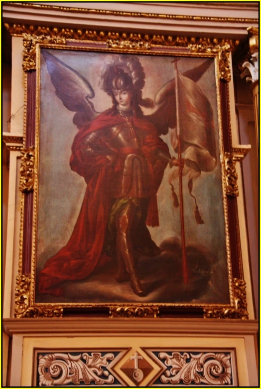 an ornate painting with paintings above it depicting a warrior