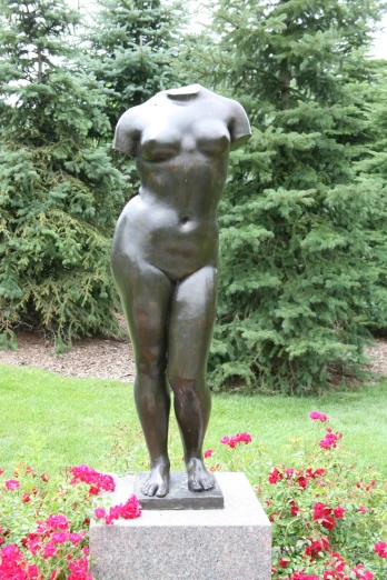 a bronze statue standing in a garden of some sort