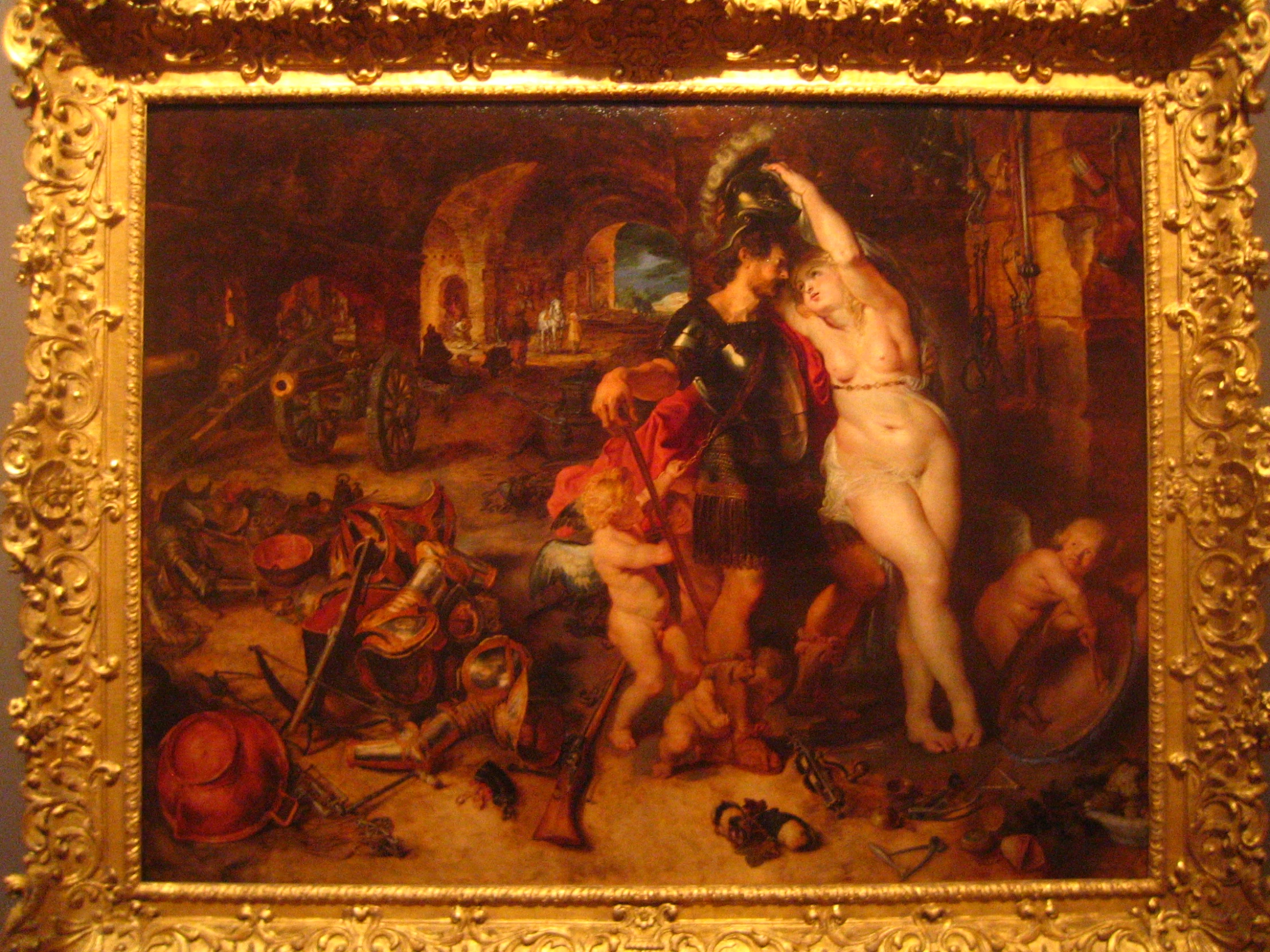 a painting depicting men and women in a cave