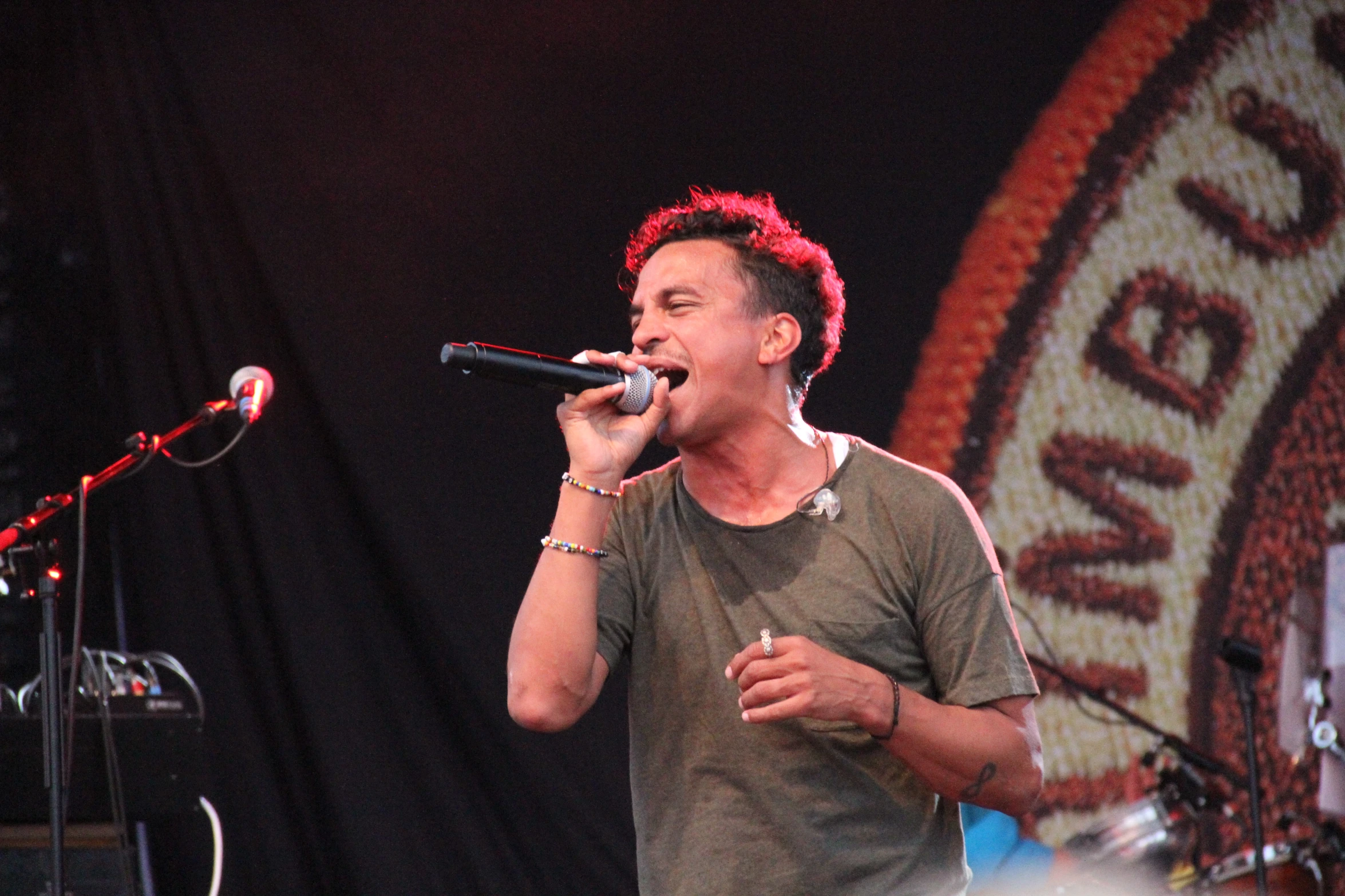 a man sings into the microphone at an outdoor concert