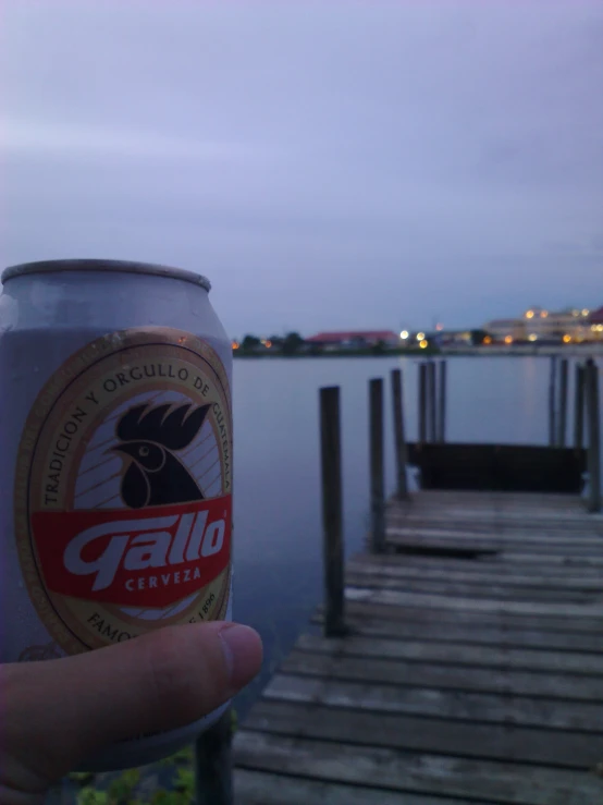 hand holding a partially full beer on a pier