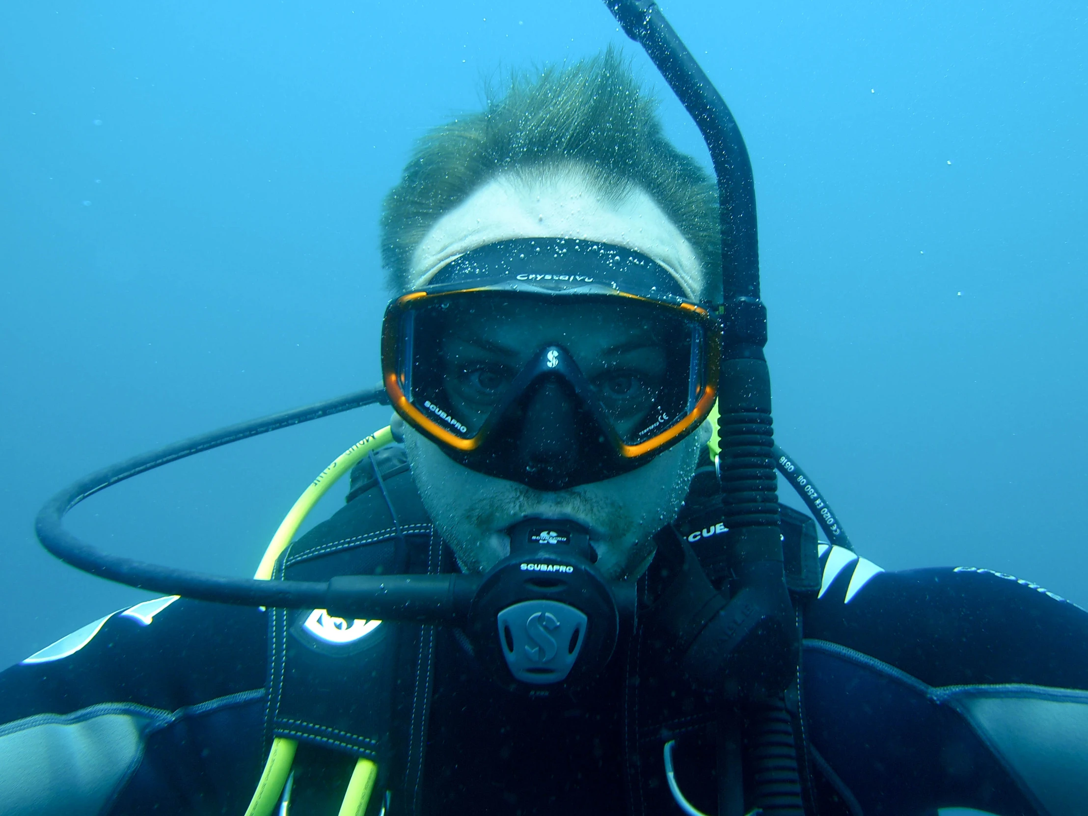 a diver's view of his face and scuba gear