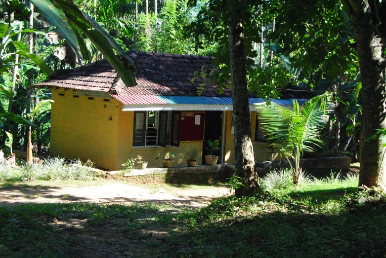 the cottage is located among some green trees