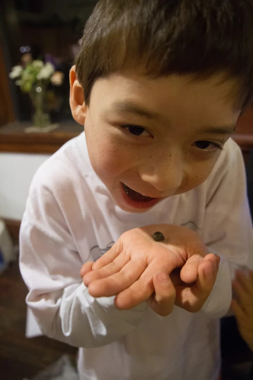 a small child holds out his hand to greet someone