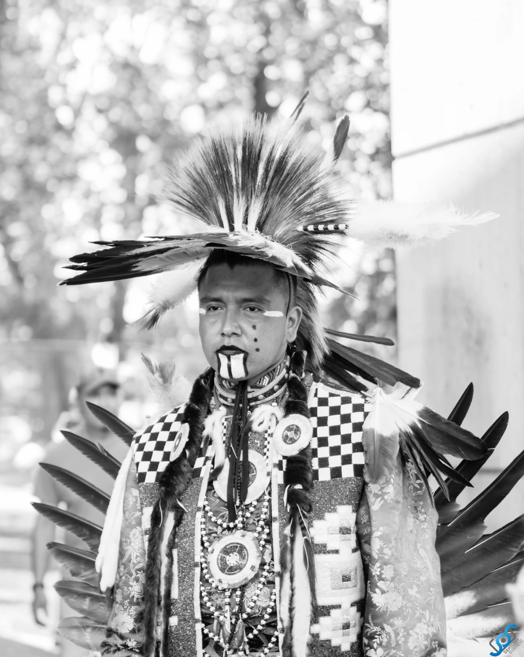 an indian indian man wearing feathers on his head