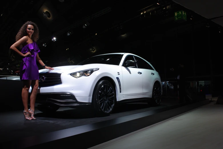 a woman in a purple dress stands next to a white sports car