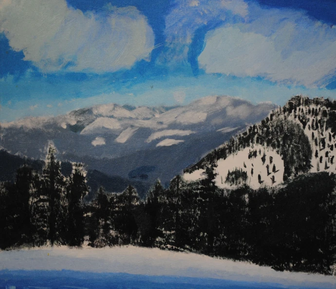 a painting with some snow and some mountains