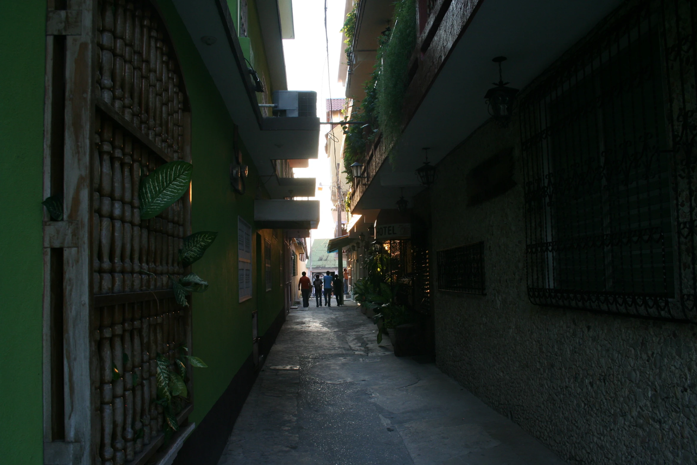 an alleyway with narrow walls and greenery