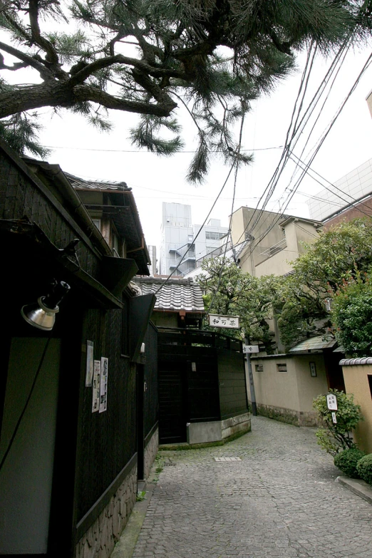 a street scene in an alley of some buildings