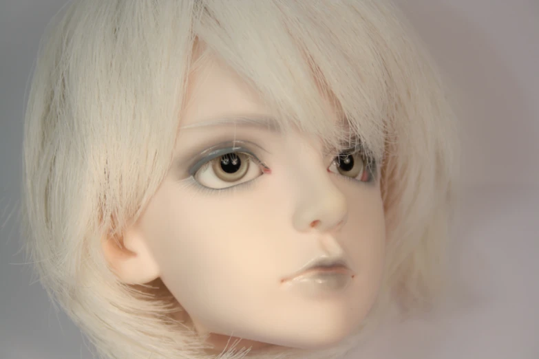 a mannequin head with eyes covered with white hair