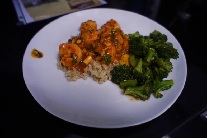 shrimp, rice and broccoli on a white plate