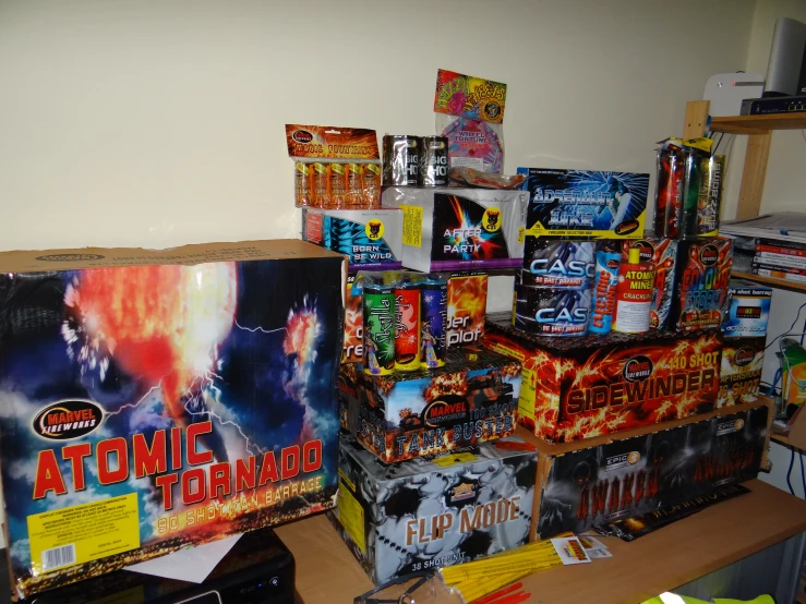 a shelf with various toys and other items on it