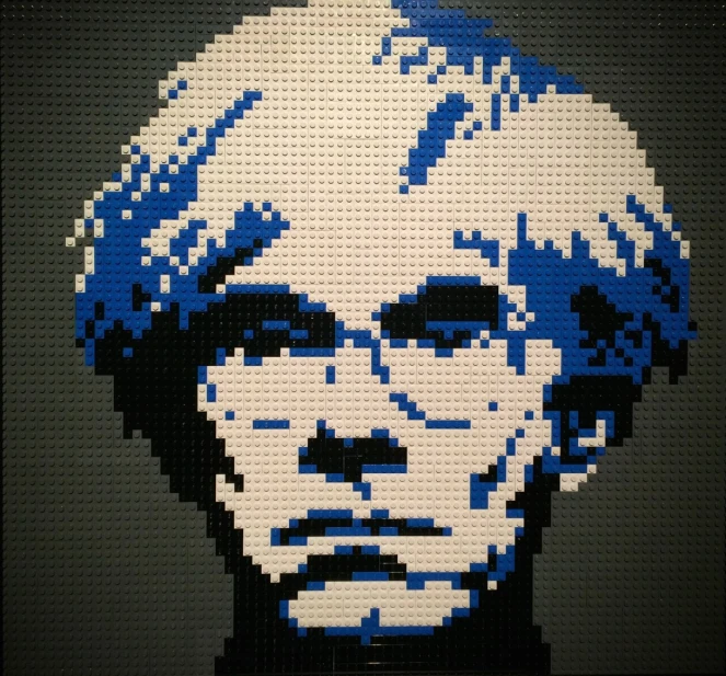 an image of a lego portrait made to look like he was on display