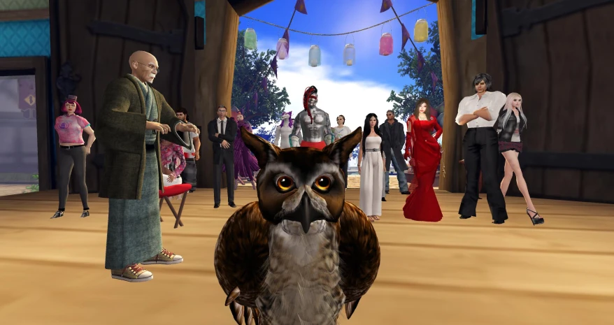 an image of an animated crowd and a cute owl in front