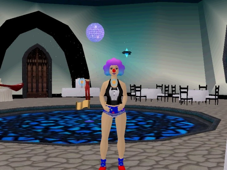 a virtual virtual woman standing in a blue room