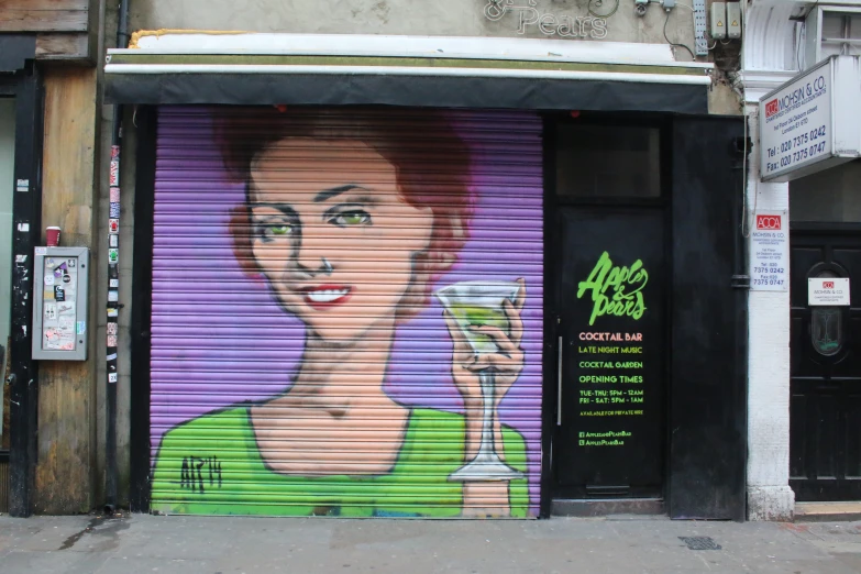 a garage door with a painting of a woman holding a drink