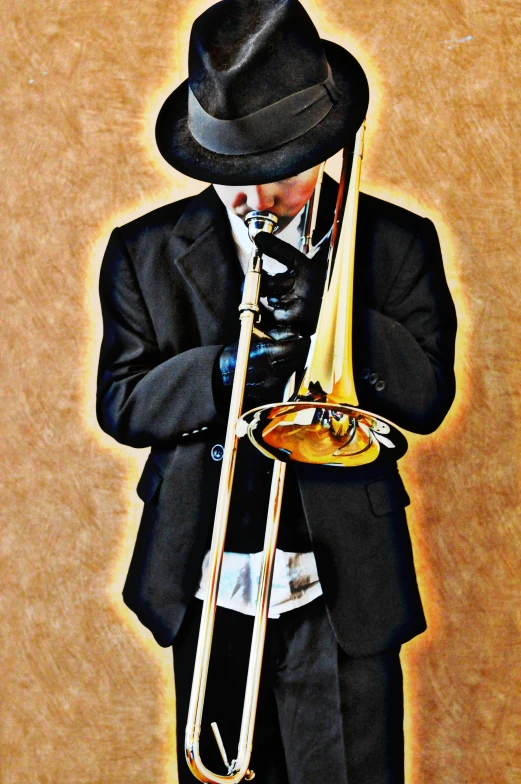 an artistic pograph of a man with a trombone