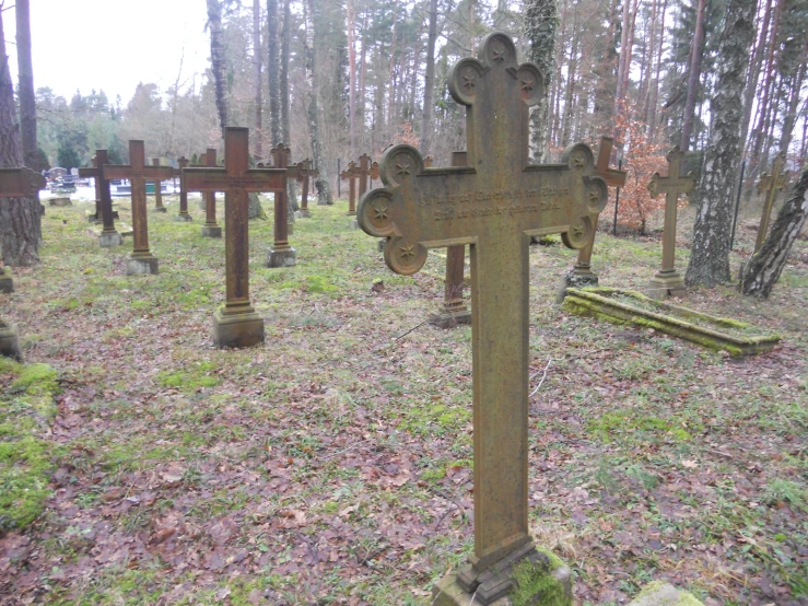 a graveyard with crosses in the grass and trees