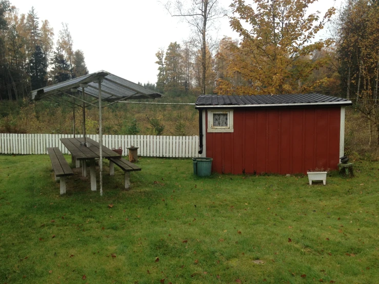 a picnic table in a yard with an umbrella