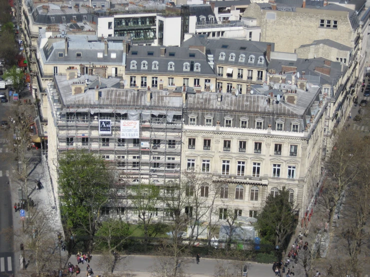 an aerial view of several buildings in an urban area