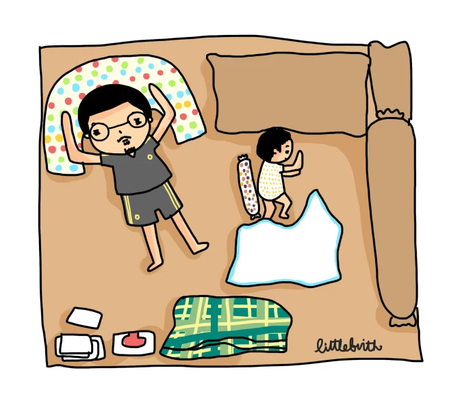 an illustration of a couple lying on a bed with pillows