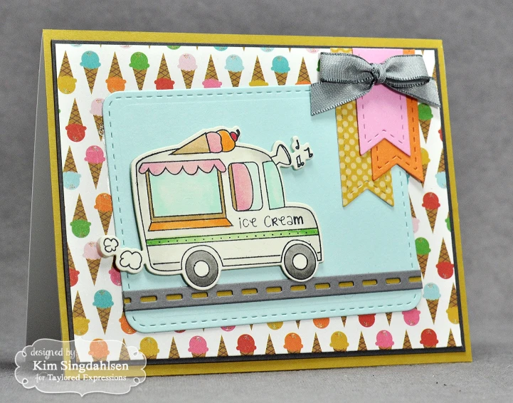 a card with a school bus on the front and banner across the front