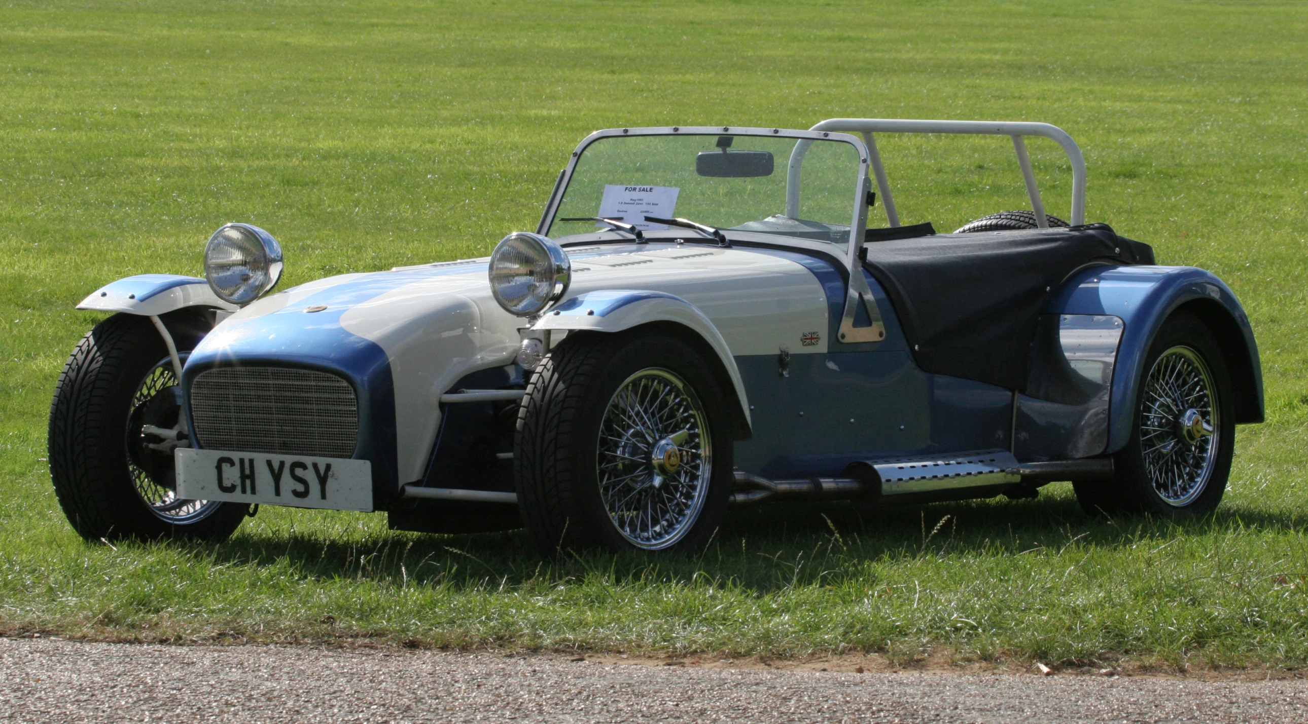 an antique sports car sitting in the grass