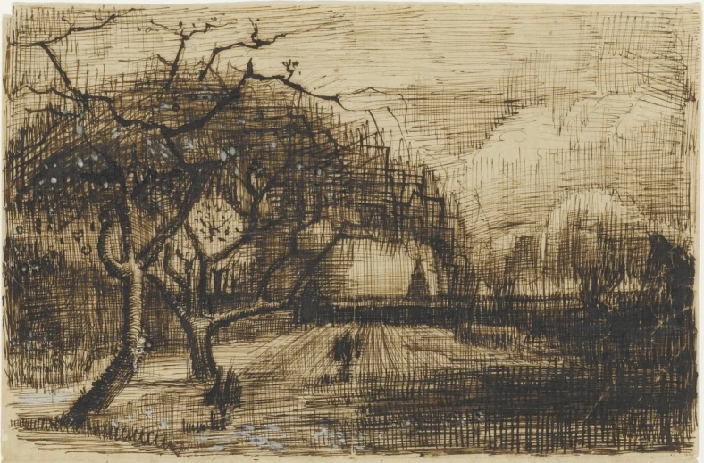 a painting of a road with trees and dirt