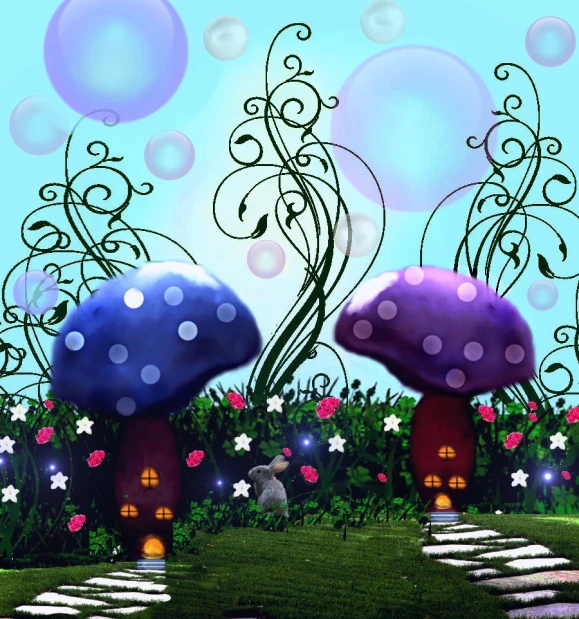 mushrooms are in the foreground of an image of a garden with flowers