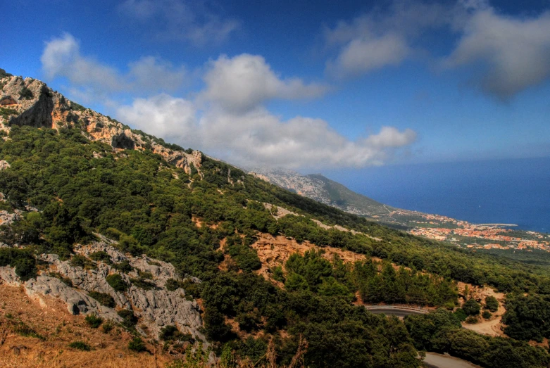 a hill covered with lots of trees in the sky