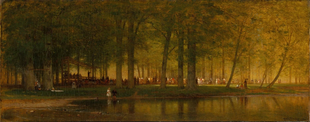 a painting of trees near the water with people