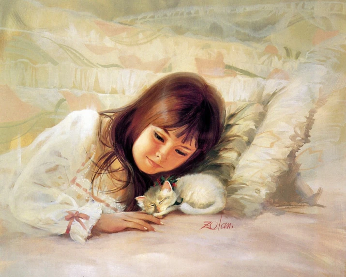 the painting shows a girl in white laying on her bed with a white kitten