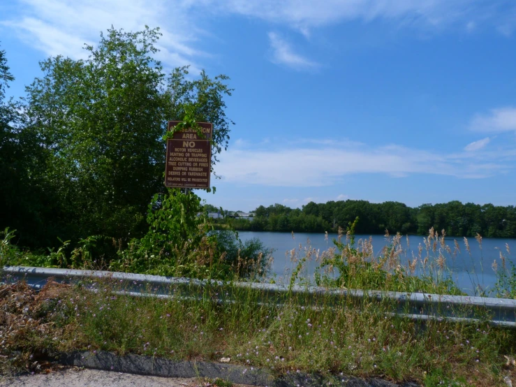 there is a sign on a hill overlooking a large body of water