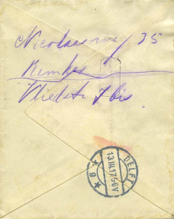 the blue and purple envelope has two stamps that read, william w m