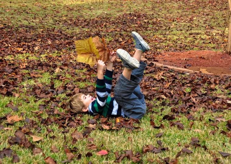 two s laying in the grass and playing with leaves