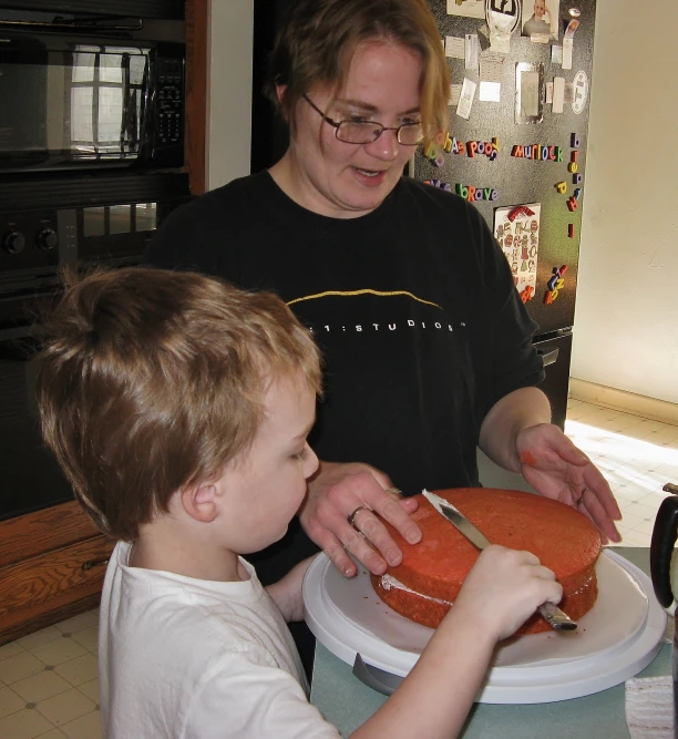 a woman and a boy  soing red