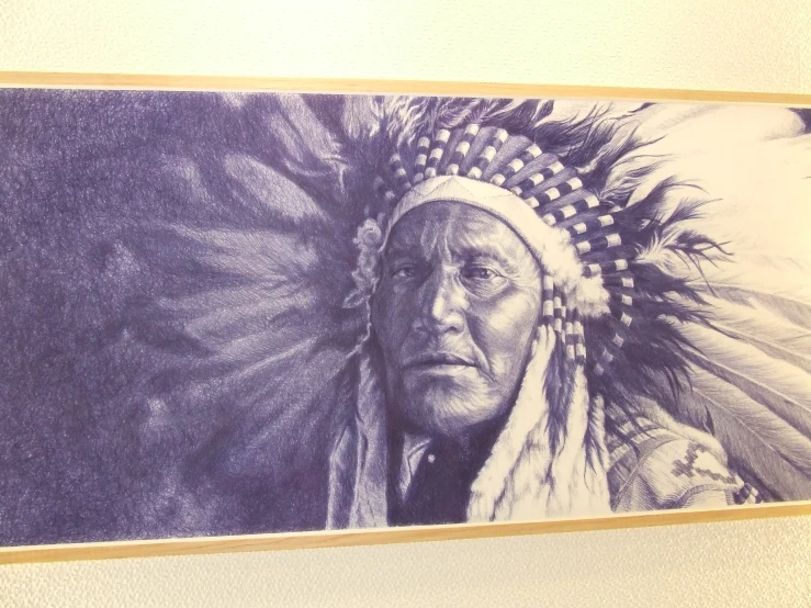 a drawing of an indian wearing feathers in black and white