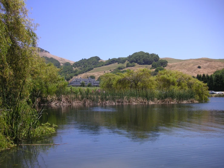 the view of a body of water with trees and a house in the background