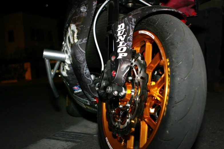the tire and front suspensions of a motorcycle