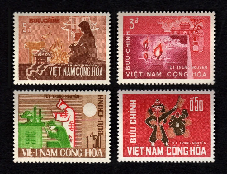 a set of four different stamps that include vietnam