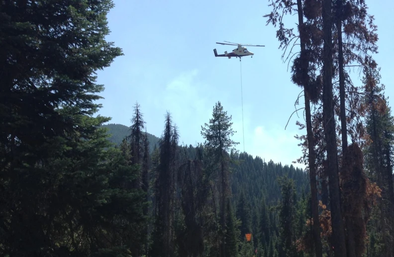 the helicopter is flying high above the trees