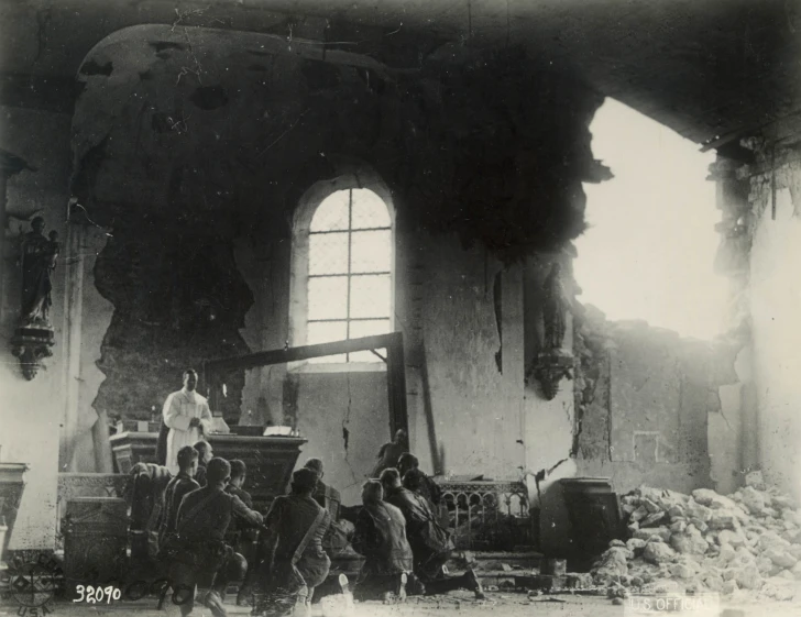 a group of people sit on either side of an altar