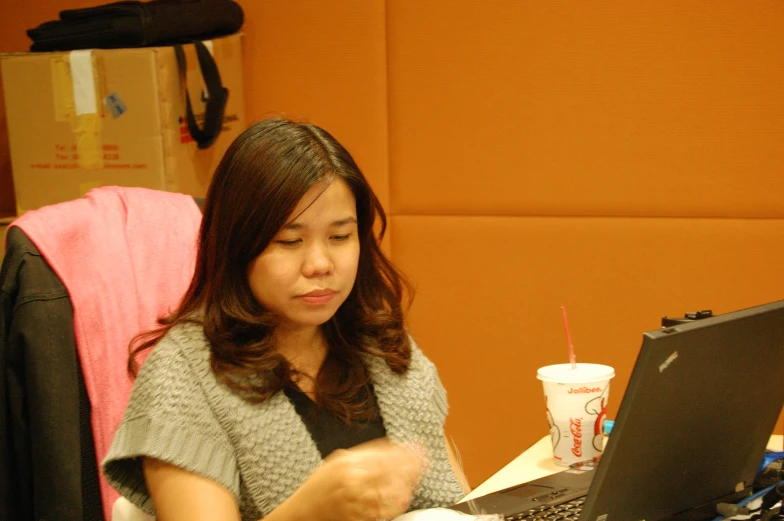 a woman sitting in front of a laptop computer