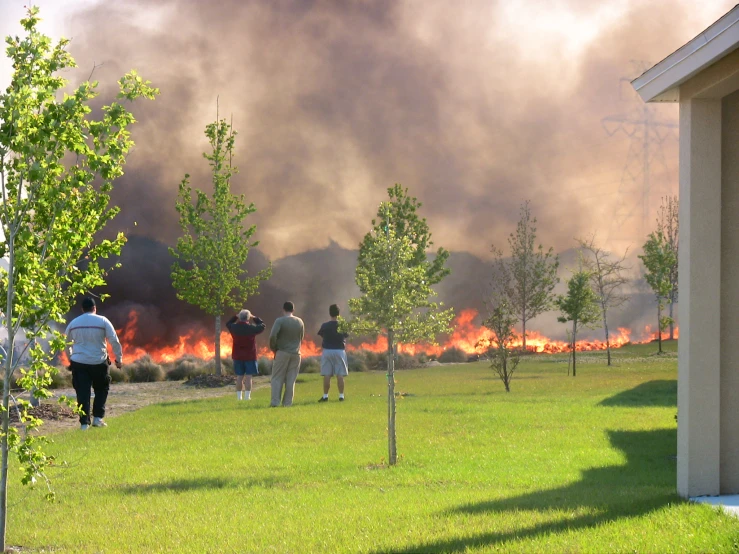 people are standing in the grass as the fire is blazing