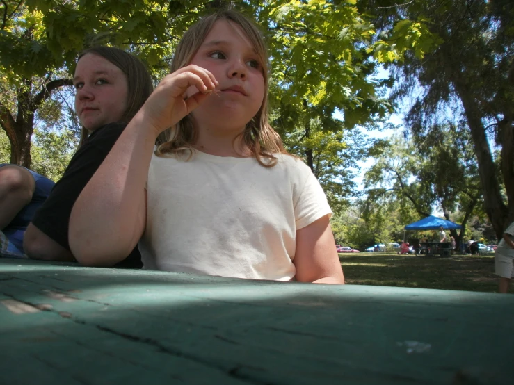 two little girls sitting by a table under some trees