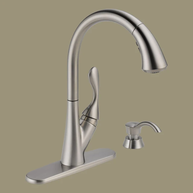 a stainless faucet with a chrome sprayer and a goose head