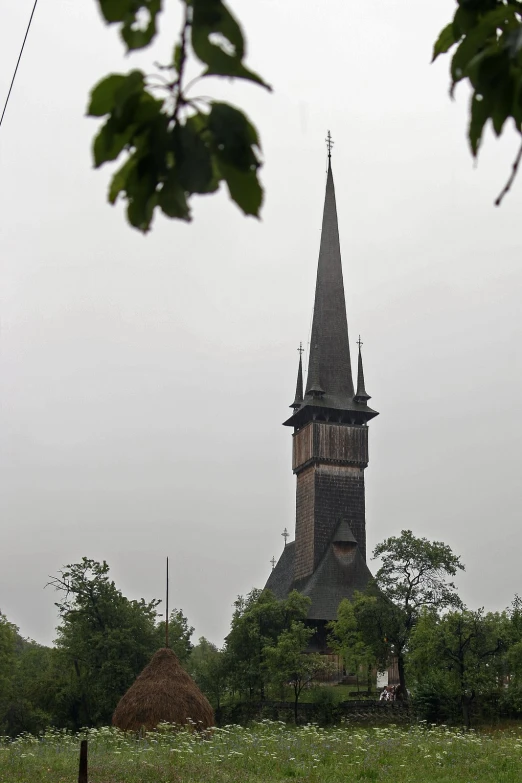 a tall tower with a pointed top stands in the middle of a grassy area