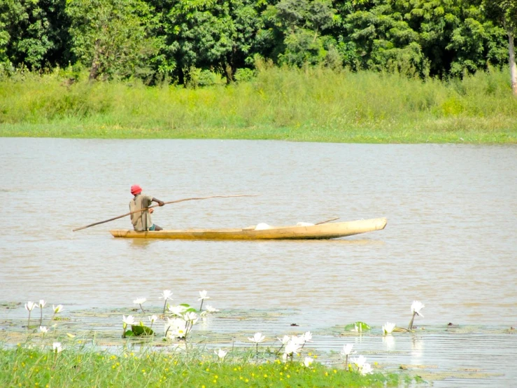 a man is rowing a canoe out into the water